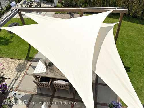 an overhead view of a patio with a table and chairs under a white awning