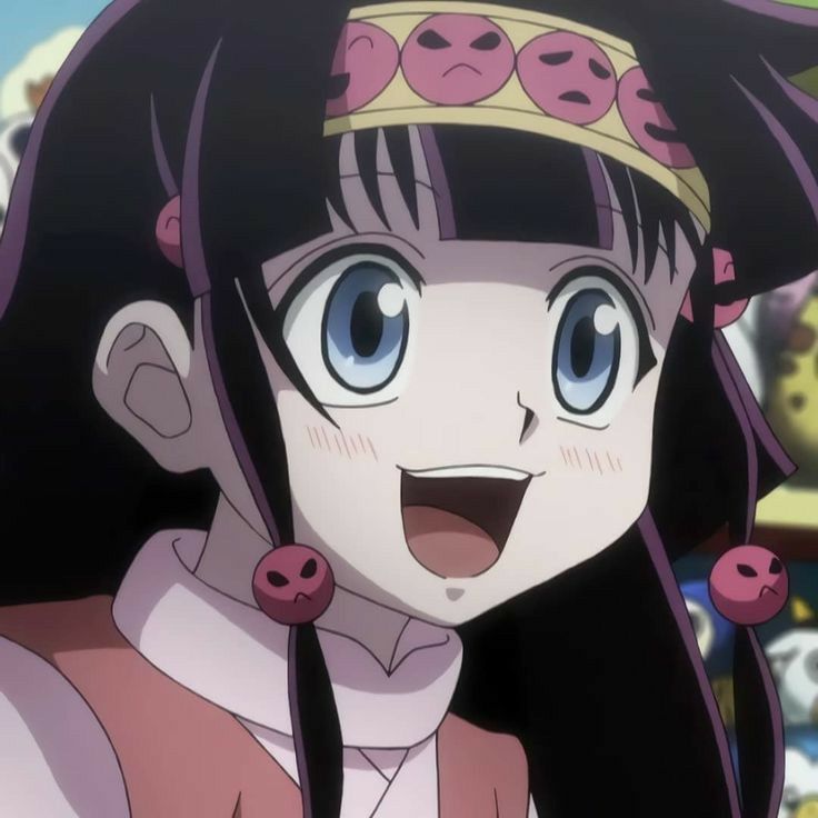 an anime character with long black hair and big blue eyes wearing a pink dress, smiling