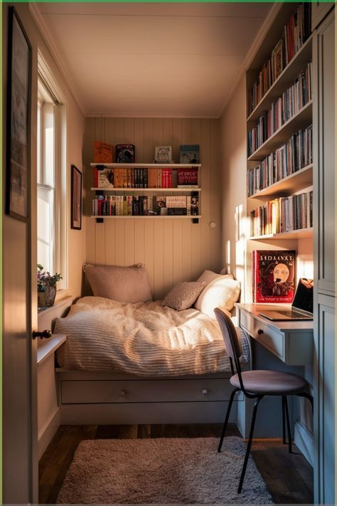 a small bedroom with a bed, desk and bookshelf