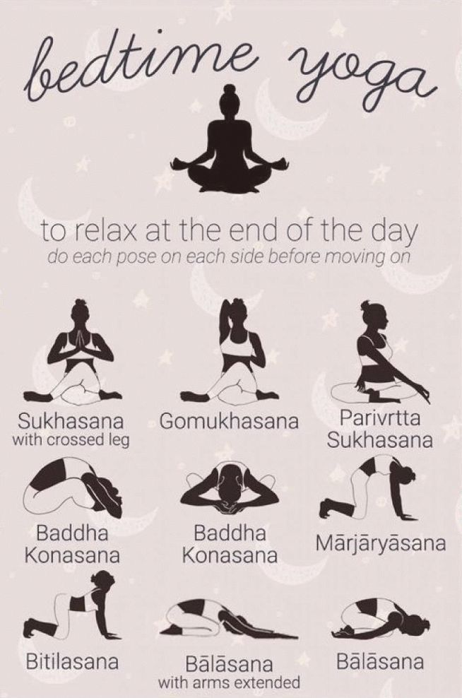 yoga poses for beginners to do at the end of the day, with words above them