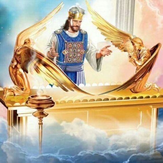 an image of jesus in the clouds with two golden doves on top of him