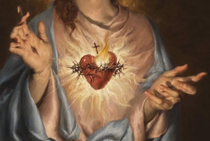 a painting of jesus holding his hands up with the heart on it's chest