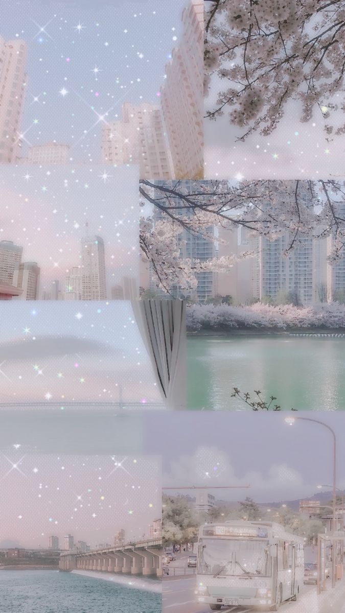 four different pictures with buildings and water in the middle one is blurry, while the other has snow flakes on it