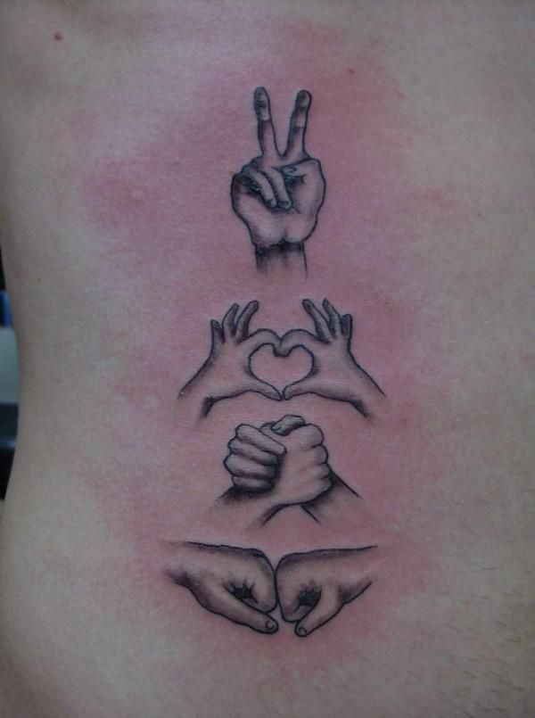 a man's chest with three hands making a heart and two fingers forming the shape of a peace sign