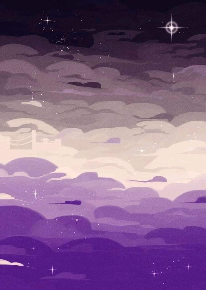 the sky is filled with stars and clouds in purple hues, as well as white