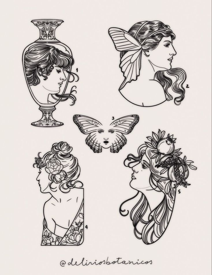 four different drawings of women with flowers in their hair and butterfly wings on their heads