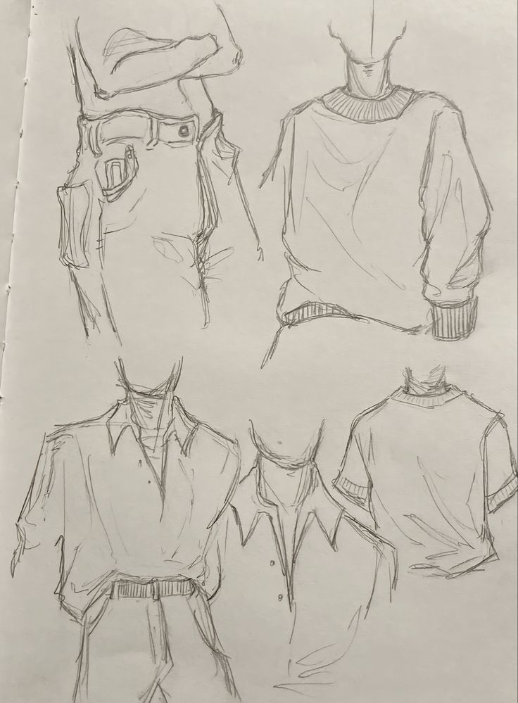 three sketches of men's clothing, one in shirt and the other in tie