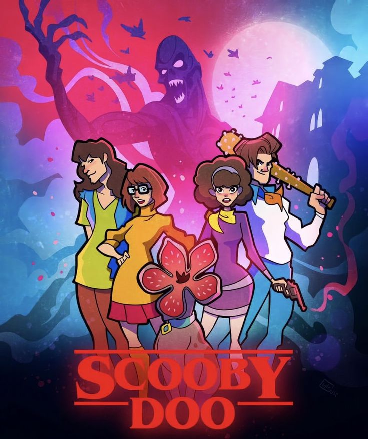 the scooby doo movie poster is shown in red, blue and purple colors