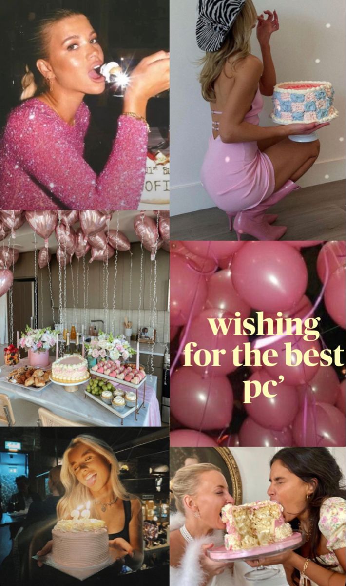 the collage shows photos of women celebrating their birthdays with balloons, cake and confetti