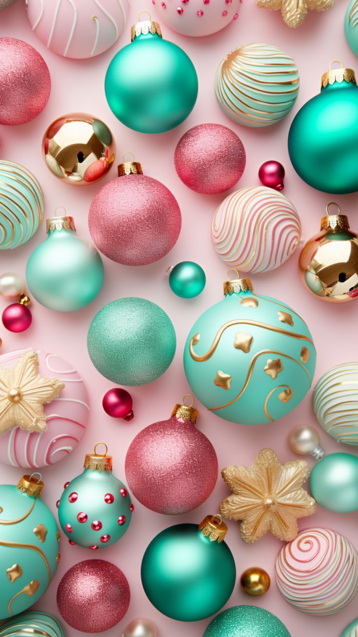 many different colored christmas ornaments on a pink background