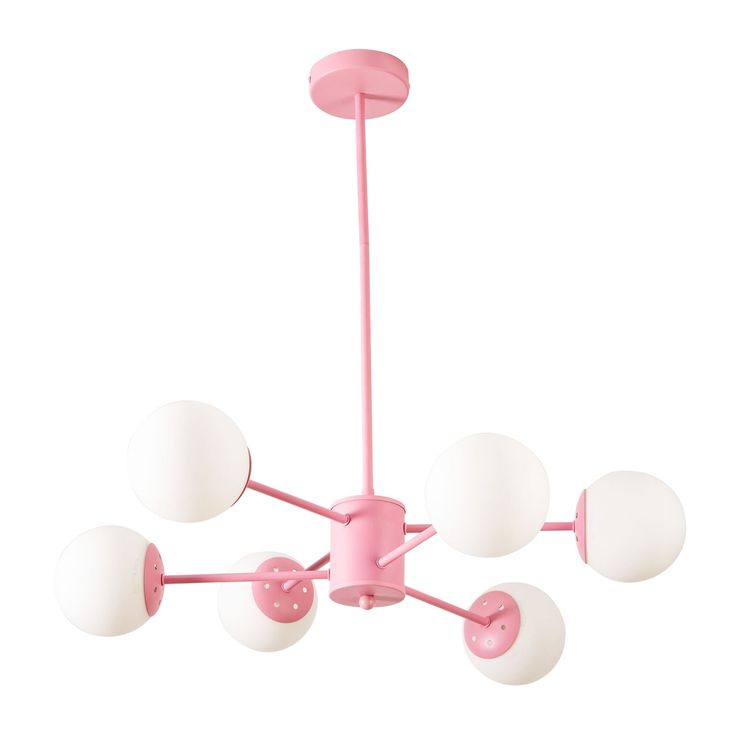 a pink chandelier with five white balls hanging from it's center point