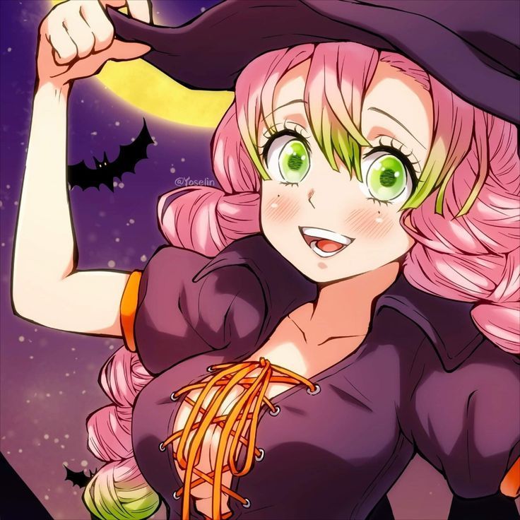 a woman with pink hair wearing a witches hat