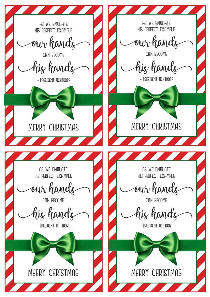 four red and green christmas gift tags with bows on them, one is for the holiday season