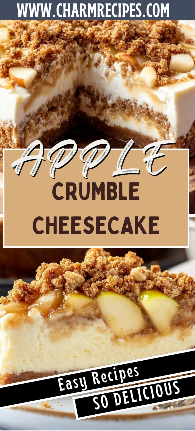 an advertisement for crumble cheesecake with the words, apple crumble cheesecake