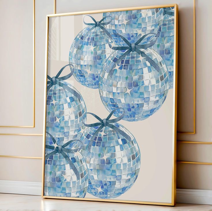 a painting with blue and white tiles on the wall next to a gold framed art piece