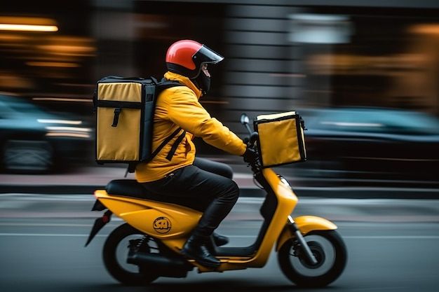 a man riding on the back of a yellow scooter down a city street