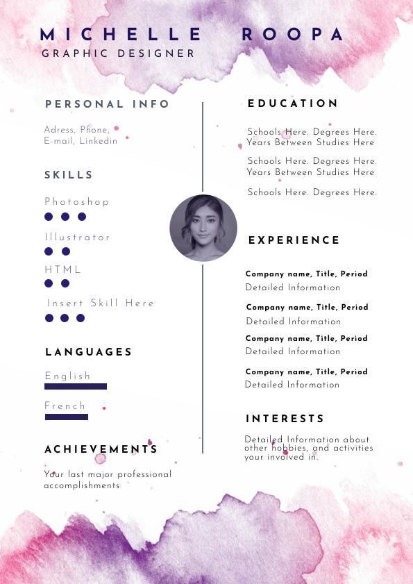 a pink and purple watercolor resume with a photo on the front, an image of a