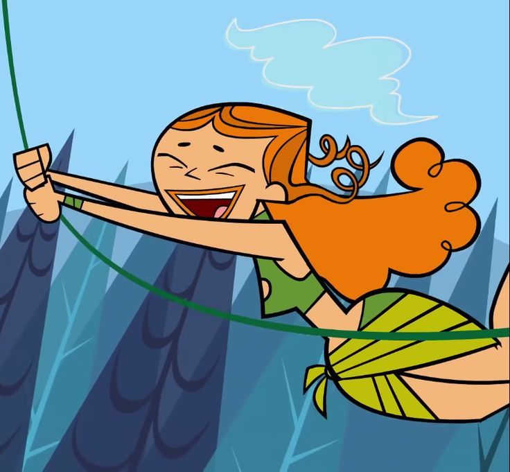 a cartoon girl with red hair is holding on to a rope and smiling at the camera