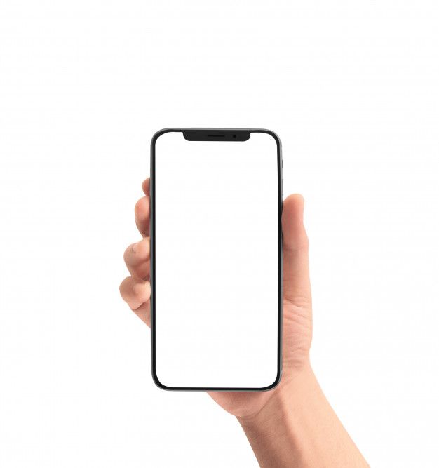 a person holding up a cell phone with a blank screen in their hand on a white background