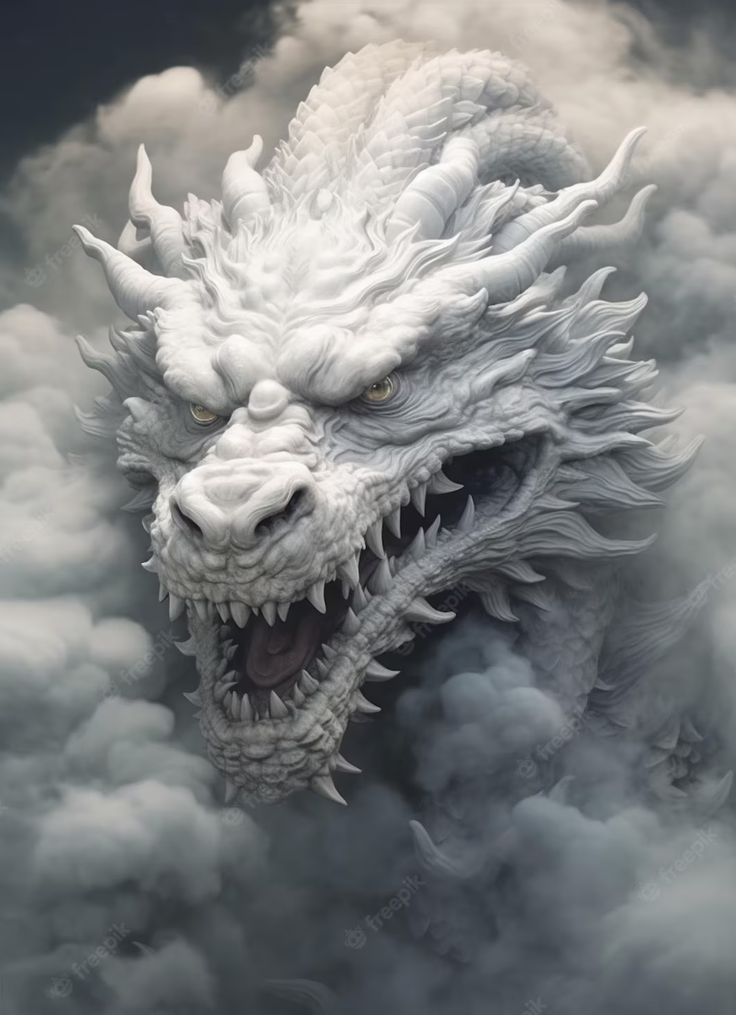 a white dragon with its mouth open in the clouds