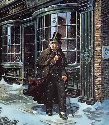 a painting of a man in a top hat and coat holding a cane while standing on snow covered ground