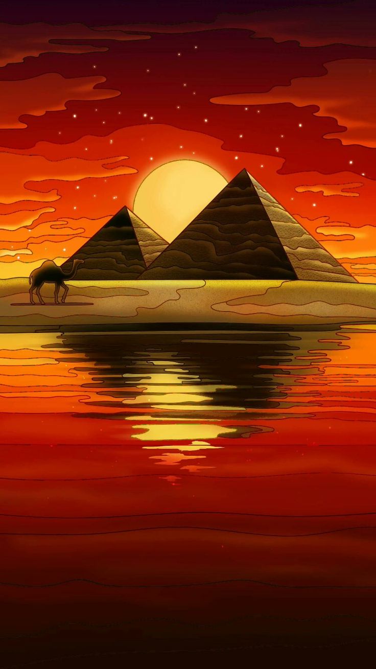 the egyptian pyramids are reflected in the water at sunset or sunrise, as if they were floating on land