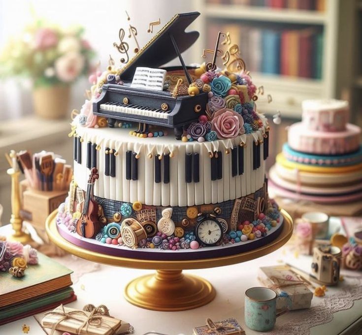 a cake decorated with musical instruments and flowers on top of a table next to books