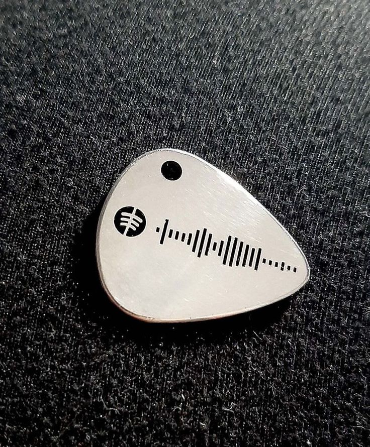 a silver guitar pick with a black and white sound equal sign on it's side