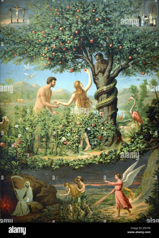 the painting shows two people in an apple tree, and one is holding hands with another person