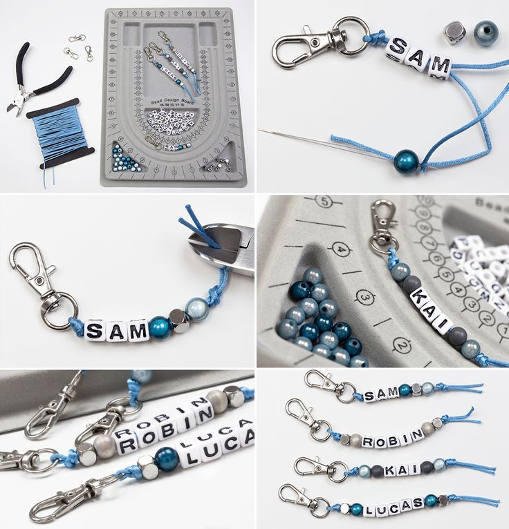 four different pictures of beads and charms with name tags on them, one is blue the other is silver