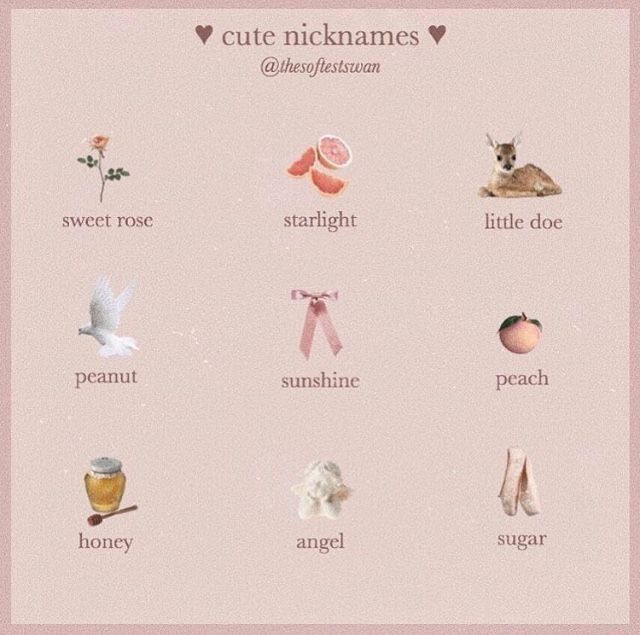 a pink poster with words and pictures on it that say cute nicknames, sweet rose, starlight, sunshine, peach, peony, angel, honey