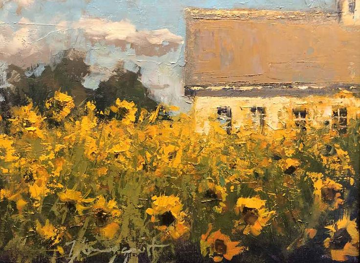 an oil painting of sunflowers in front of a white building and blue sky