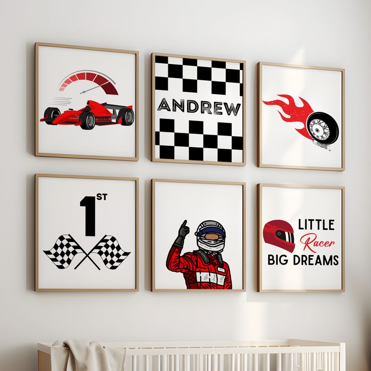 four framed race cars hang on the wall above a crib in a child's room