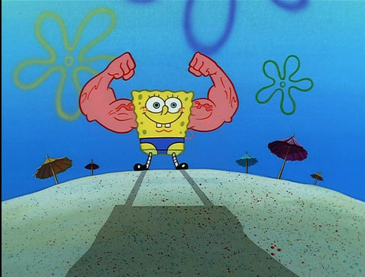 spongebob is standing in the middle of a road with his arms and legs stretched out