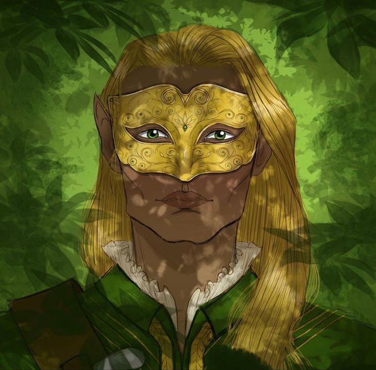 a drawing of a woman wearing a gold mask and green dress with leaves around her face