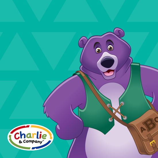 a purple bear holding a brown bag with the name charlie and company on it's chest