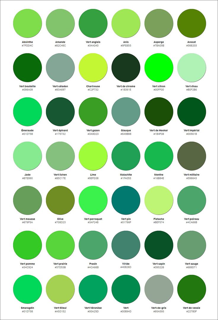 the color chart for green is shown in several different colors, including dark and light shades