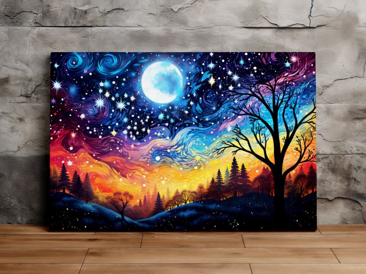 a painting on a wall with a tree in the foreground and a full moon in the background