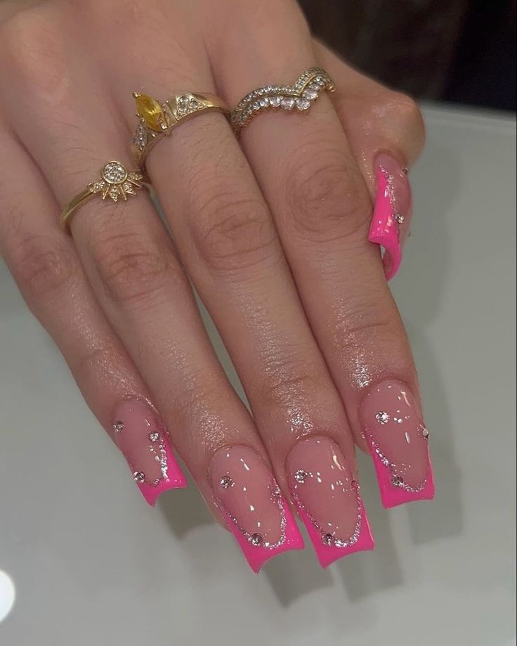 ig: nailsbyzairaa Birthday Hot Pink Nails, Bingo Nail Art, Nail Inspo Hot Pink French Tip, Hot Pink French Tip Nails With Rhinestones, Hot Pink And Silver Nail Designs, Hot Pink Nails Simple, Hot Pink Sweet 16 Nails, Pick Nails Design, Hot Pink Formal Nails