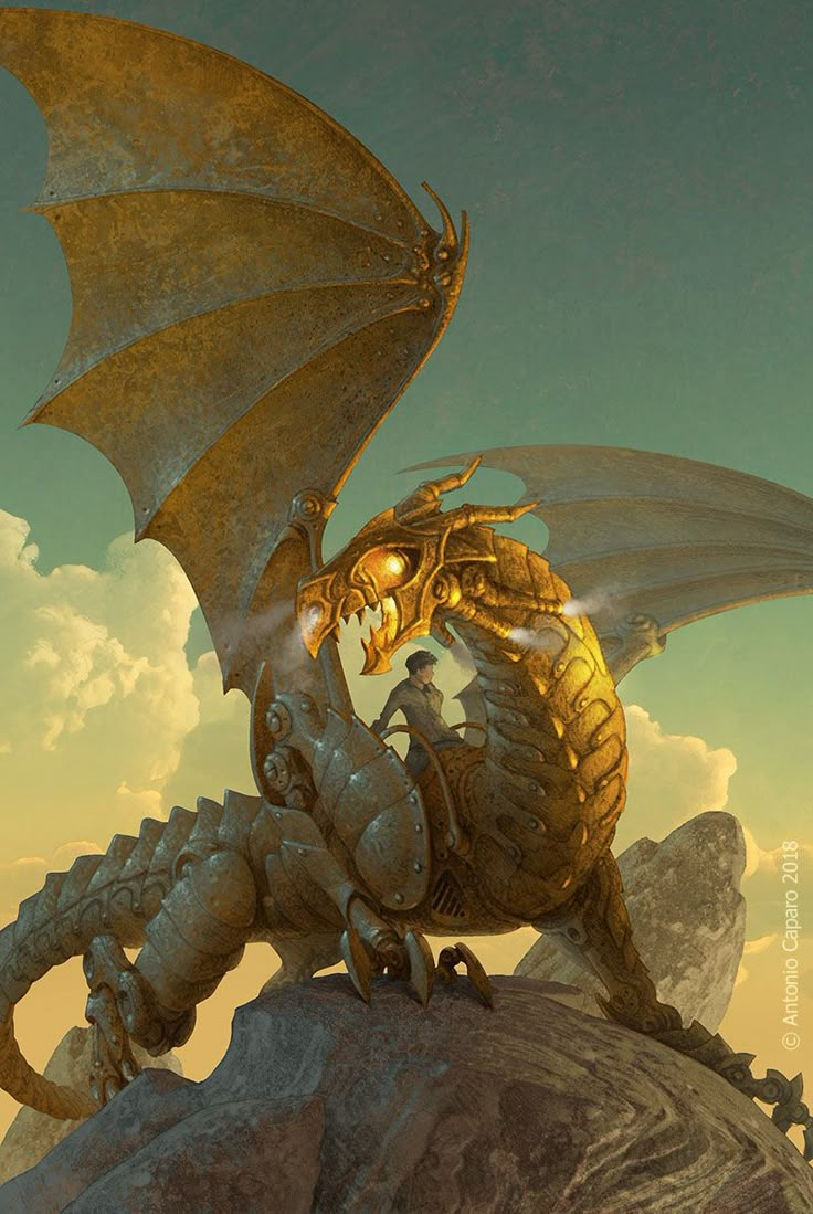 a golden dragon sitting on top of a rock in front of the sky and clouds