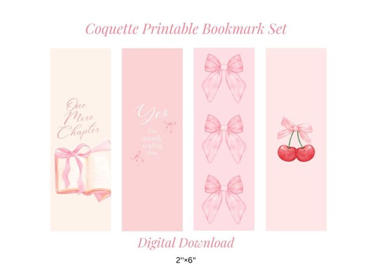 four pink bookmarks with bows and cherries on them