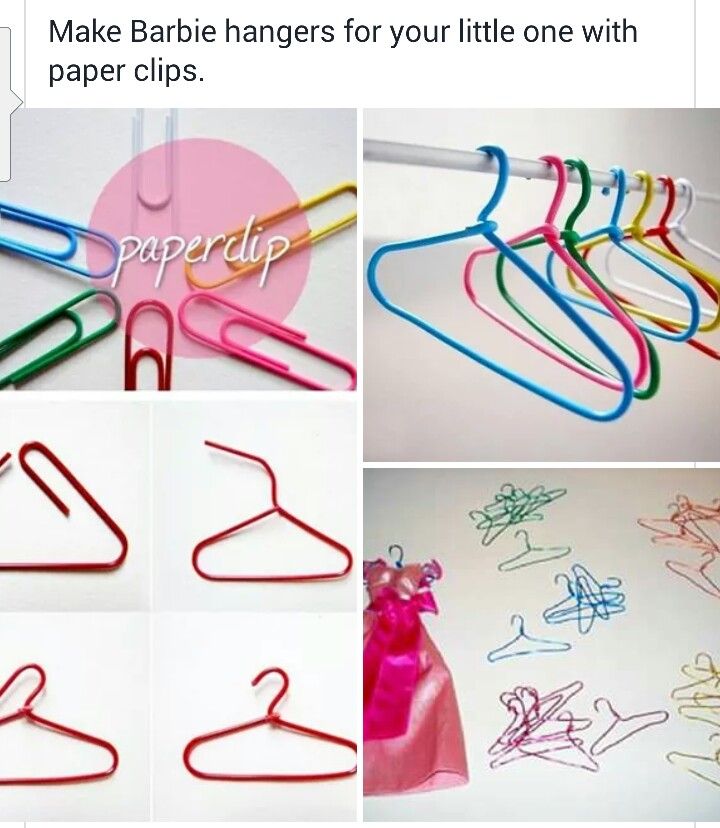 several pictures of clothes pins and paper clips with the words make barbie hangers for your little one with paper clips