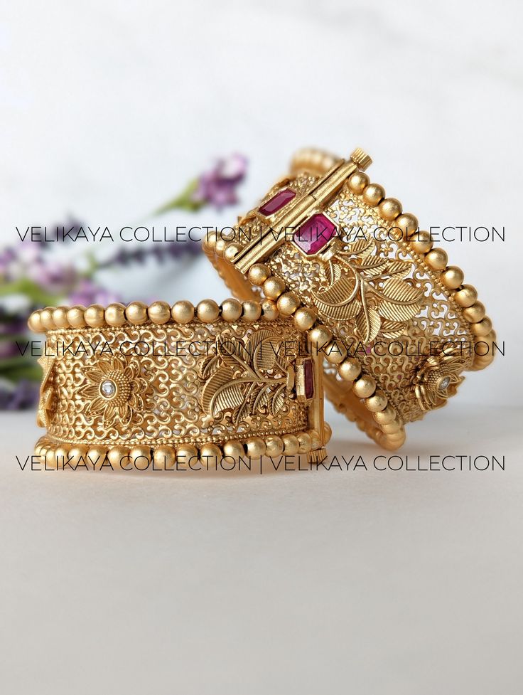 *Each bracelet is sold individually. * ------------SIZE 2.4 and 2.8 AVAILABLE------------ Bracelet Width - 3.2 cm approx. Openable bracelet with screw opening. Unique, intricately designed bracelet with leaf motif. Indian Pakistani Kadey or matte gold bracelets perfect for weddings, parties and festivals. High quality gold plating. MEASURE YOUR SIZE: See the chart in pictures to learn how to measure your correct bangle size. All our jewelry comes in beautiful ready to gift box. Ready to ship from Vancouver, Canada within 1-2 business days. For express shipping, please upgrade at checkout or contact us. Why buy from us? Guaranteed good quality. Actual product shown in pictures. Please allow for minor color variations due to digital image limitations. We try our best to capture the true colo Vintage Bangle Bracelets For Wedding, Vintage Bangle Jewelry For Wedding, Vintage Bangle For Wedding, Celebration Bangle With Intricate Design, Adjustable Temple Jewelry Bangle For Wedding, Vintage Jewelry For Weddings And Festivals, Vintage Jewelry For Wedding And Festivals, Vintage Wedding Jewelry For Festivals, Temple Jewelry Bangle Bracelets For Party