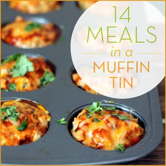 muffin tins filled with different types of food