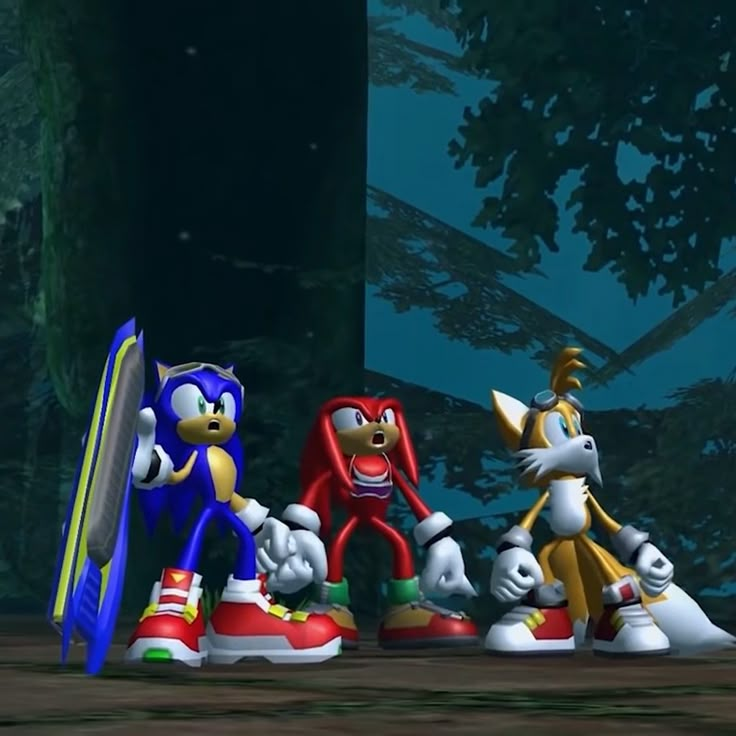 sonic the hedgehog, tails the cat and other cartoon characters standing in front of trees