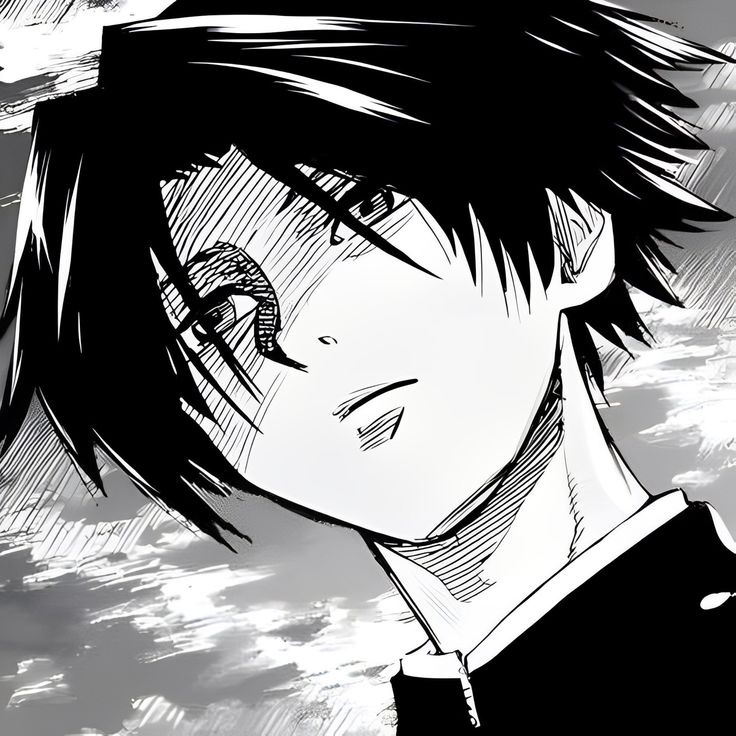 an anime character with black hair and white shirt looking to his left, in front of cloudy sky