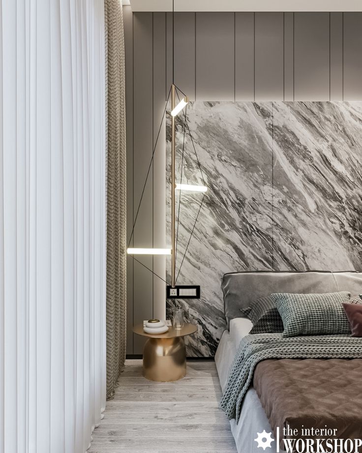 a bedroom with marble walls and flooring is shown in this modern interior design photo