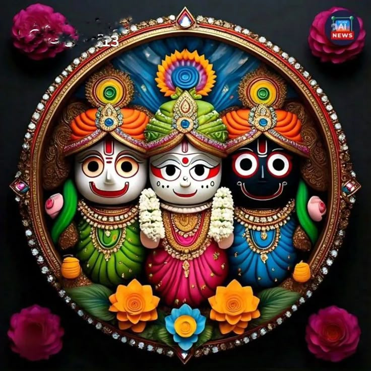 an intricately decorated wall hanging with two deities on it's face, surrounded by flowers