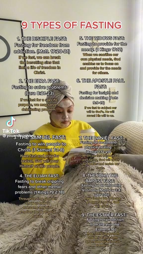 a woman sitting on top of a couch in front of a magazine cover with the title 9 types of fasting