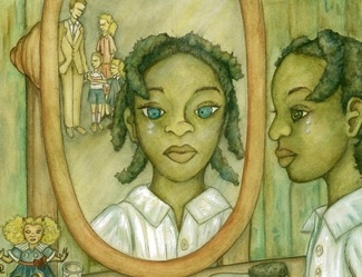 a painting of two people looking at themselves in the mirror